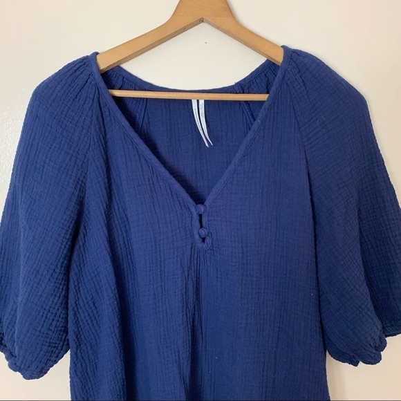 [Anthropologie] Navy Blue Puff Sleeve Brushed Cotton Short Sleeve Dress - Picture 2 of 9